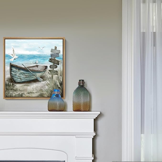 Framed Wall Art Beach Décor Ocean Canvas Picture Coastal Artwork Sea Bird Boat Blue Tan Small Rustic Beachy Canvas Print for Bathroom Bedroom Living Room-Ruum Studio Home