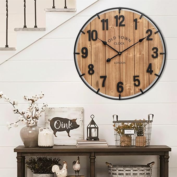 Large Old Town Farmhouse Wall Clock 24 Inch Rustic Antique Wood with Metal Circle and Large Numerals Silent Battery Operated Wall Clock for Office Kitchen Bedroom Living Room-Ruum Studio Home
