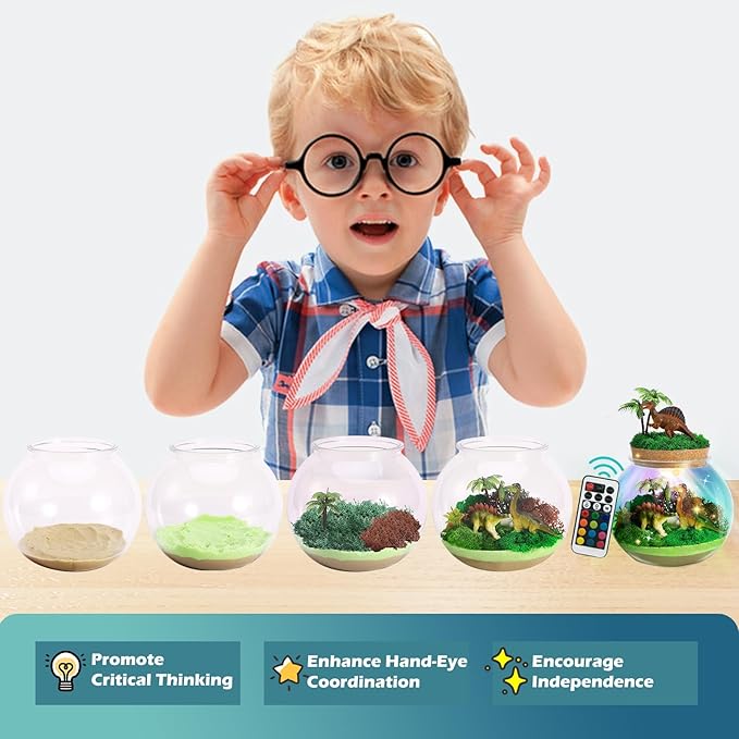 Dinosaur Light-Up Terrarium Kit for Kids- Birthday Gifts for Boys Ages 4 5 6 7 8-12 Year Old- Dinosaur Toys for Boys with Multicolor LED Light & Remote-Ruum Studio Home