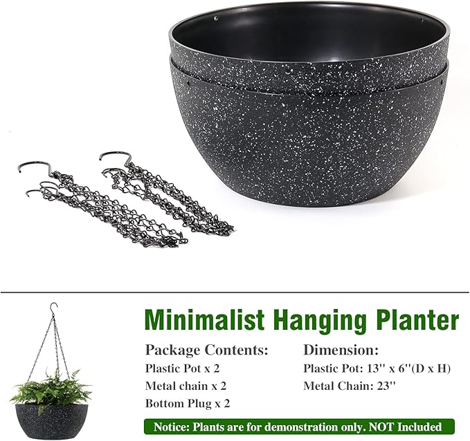 13 inch Large Hanging Planters Plant Pots for Outdoor Indoor Plants with Drainage Holes and Chain, 2 Pack Round Hanging Flower Pots for Garden Home Porch Decor, Speckled Black-Ruum Studio Home