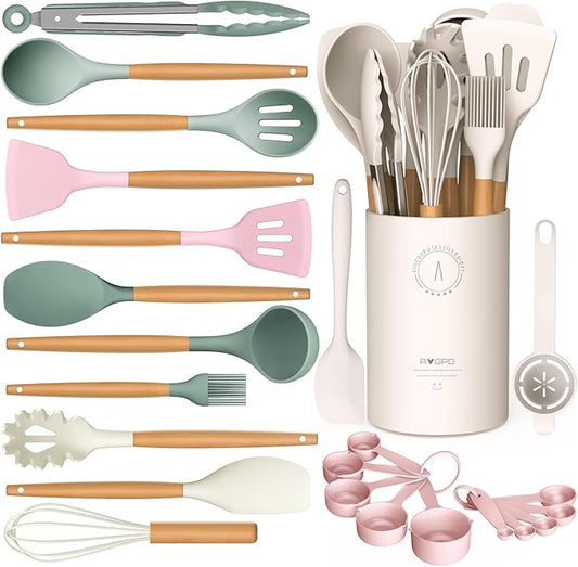 Silicone Cooking Utensils Set - Silicone Kitchen Utensils for Cooking Wooden Handles, 446°F Heat Resistant Kitchen Utensil Spatula Sets w Holder, Gadgets for Non-Stick Cookware BPA FREE (Multicolour)-Ruum Studio Home