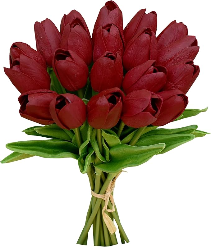 Mandy's Artificial Tulips 20 Stems Burgundy PU Faux Flowers for Wedding Home Decor 13.5 Inch-Ruum Studio Home