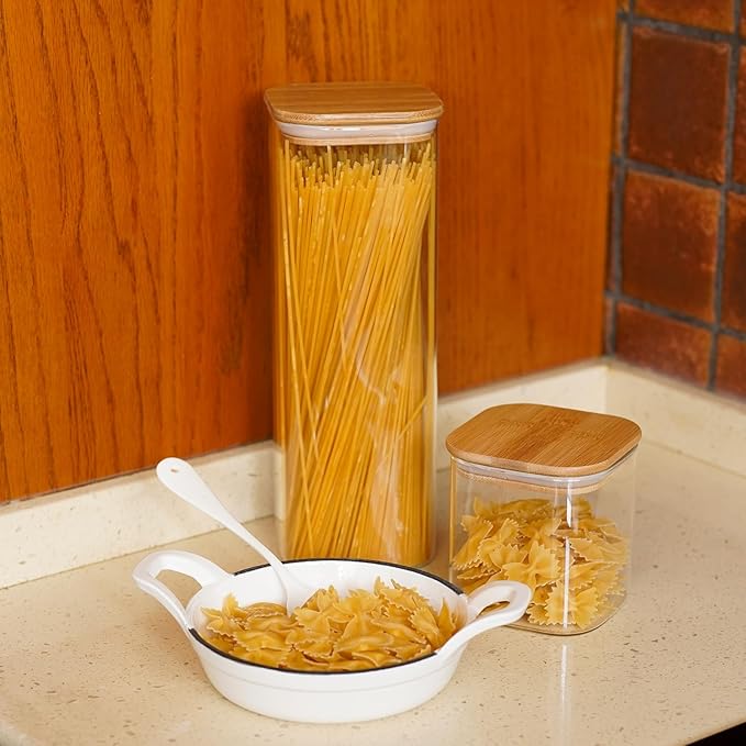Glass Pasta Storage Jars Square 73oz, 3 Pack Glass Jars With Bamboo Lids, Tall Kitchen Storage Containers For Pasta, Storage For Pantry Organizers-Ruum Studio Home