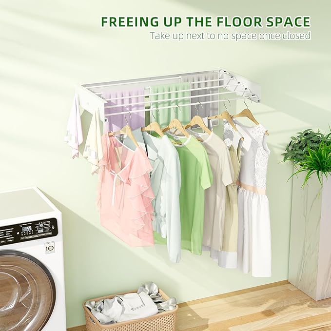 Wall Mounted Drying Rack for Laundry 40'', Folding Drying Rack Clothing Wall Mount with 5 Rods and 6 Hooks, Space Saving for Indoor Outdoor Bathroom Balcony (White, 40'')-Ruum Studio Home
