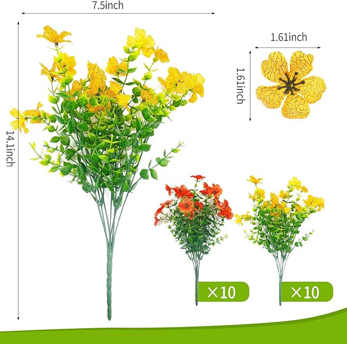 ‌20 Bundles Artificial Flowers for Outdoors‌ with 6 Faux Butterflies, UV Resistant ‌Fake Flowers‌ with Eucalyptus Leaves, ‌Artificial Plants Outdoor‌ for Patio Garden Porch Home Decor (Orange Yellow)-Ruum Studio Home