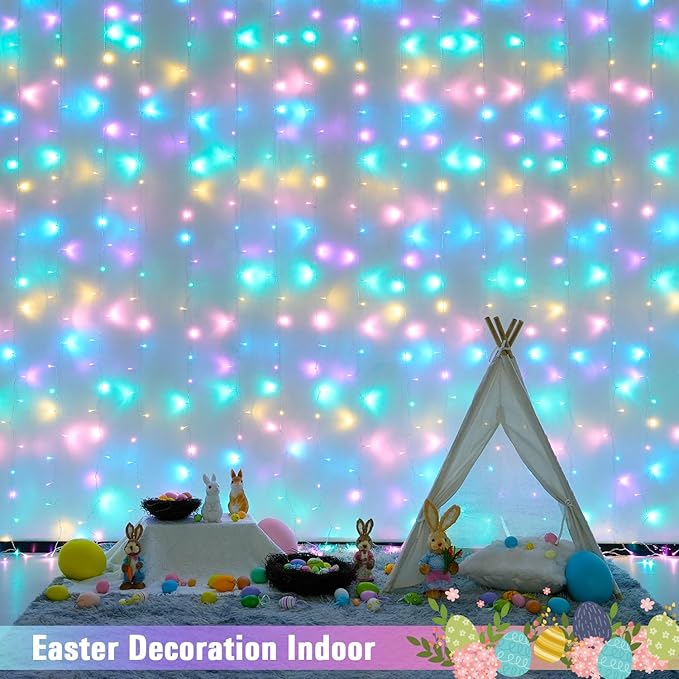 JMEXSUSS 300LED Easter Decorations Curtain Lights with Remote, 9.8x9.8ft Easter Sting Lights Plug in for Bedroom Wall Window Party Backdrop Porch Patio Garden Yard Indoor Outdoor Decor-Ruum Studio Home