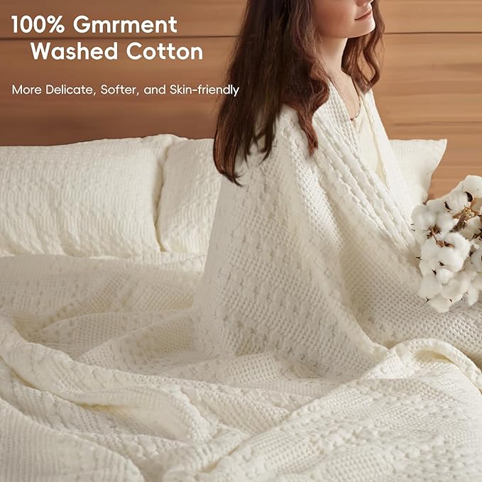 PHF 100% Cotton Waffle Blanket Oversized King 120"x120", Lightweight Breathable Extra Large 10'x10' Summer Blankets for Bed, Giant Big Luxury Aesthetic Woven Bedding for Home Decor, Ivory-Ruum Studio Home