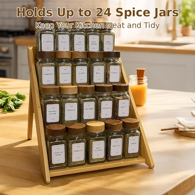 Bamboo Spice Rack Organizer - 3 Tier Foldable Wooden Spice Rack for Countertop, Cabinet & Drawer- Organic Bamboo-Extra Sturdy Wooden Spice Shelf, No Spice Jars Included-Ruum Studio Home