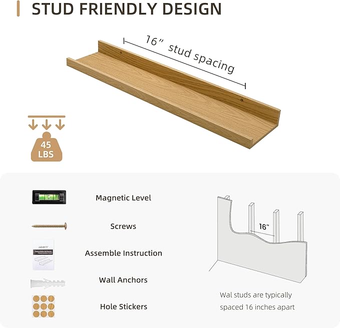 Picture Ledge Shelf, Wood Floating Shelves Set of 4, 24 inch Picture Ledge Shelves, Photo Ledge Nursery Book Shelves Wall Mounted for Living Room Kids' Room Bedroom, Color Oak-Ruum Studio Home