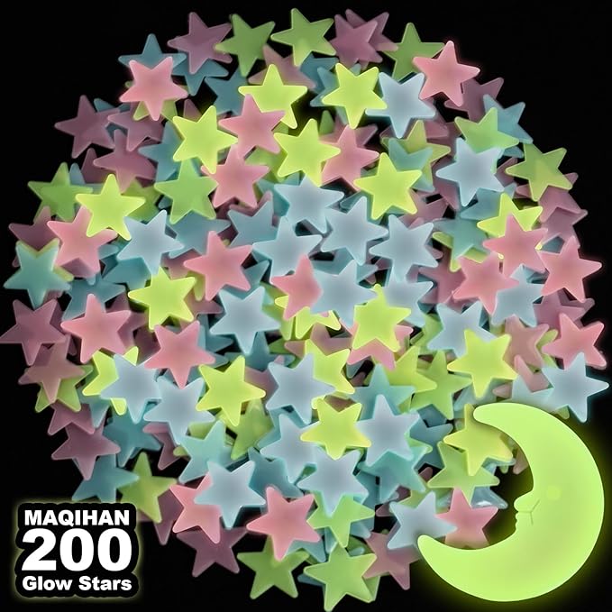 200 Glow in The Dark Stars for Ceiling - Glowing Stars and Moon Stickers Estrellas que brillan en la oscuridad para el techo de cuarto Plastic Space Galaxy Decals Bedroom Wall Decorations-Ruum Studio Home