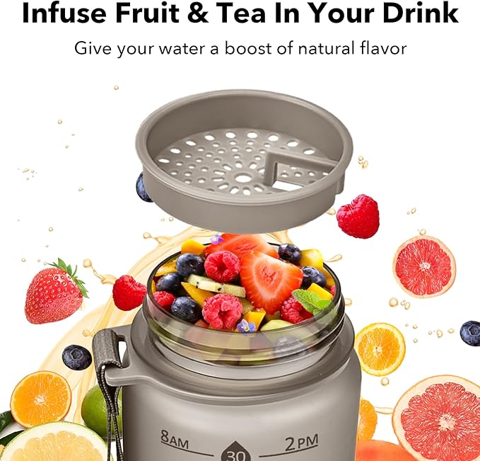 32oz Motivational Water Bottles with Time Marker & Fruit Strainer, Transparent Gradient Color Water Bottle with Times to Drink, Leakproof & BPA Free, Reusable Bottle with Strap (No Straw)-Ruum Studio Home