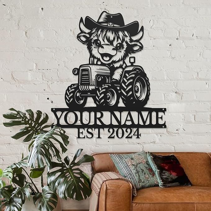 Personalized Highland Cow Name metal Signs,Custom Highland Cow Metal Shed Wall Decor,Black Metal Wall Art Plaques Outdoor wall Decorative Signage (Style B)-Ruum Studio Home
