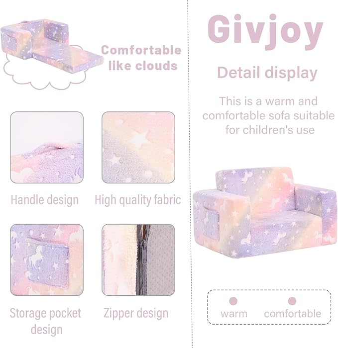 Toddler Chair Kids Couch, 2-in-1 Toddler Soft Sherpa Couch Fold Out Armchair with Removable Cover, Convertible Reading Chair Toddler Sofa for Kids, Glow in The Dark Purple Horse-Ruum Studio Home