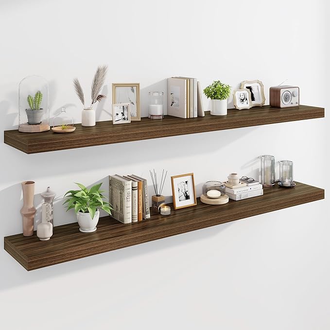 Marsmiles 72" Floating Shelves for Wall, Wooden Shelves with Invisible Brackets Set of 2, Rustic Farmhouse Wall Mounted Shelf for Kitchen Bathroom Living Room Study, Walnut-Ruum Studio Home