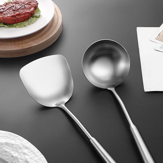 14-15" Wok Spatula and Ladle,2 PCS Wok Tools Set,304 Stainlss Steel Cooking Utensils,Matte Wok Accessories,Solid Wok Utensils-Ruum Studio Home
