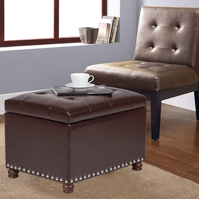 Leather Storage Ottoman Bench Foot Rest Stool with Nailhead Trim (Dark Brown - Button Tufted Leather)-Ruum Studio Home