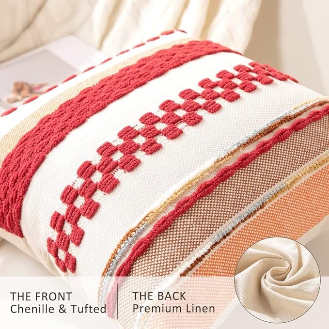 Boho Throw Pillow Covers 18x18 Set of 2 Christmas Decorative Cushion Case Striped Square Pillows Cover Chenille Pillow Cases Accent Neutral Pillowcase for Sofa Couch Bed,Red-Ruum Studio Home
