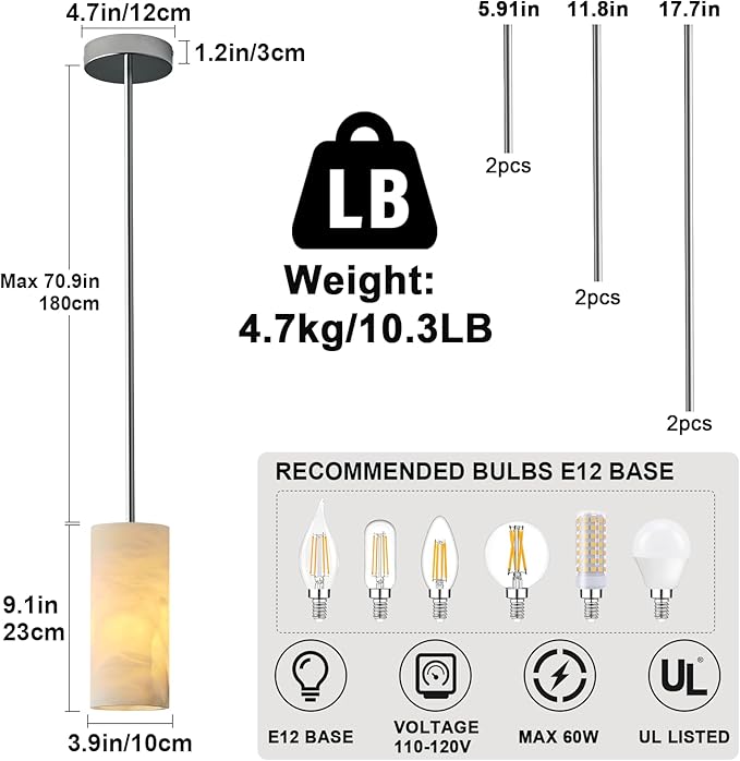 Alabaster Pendant Light Kitchen Island, H-9.5in Nickel Pendant Light Fixtures with Natural Marble Shade, Adjustable Ceiling Pendant for Dining Room, Living Room, Bedroom & Bathroom-Ruum Studio Home
