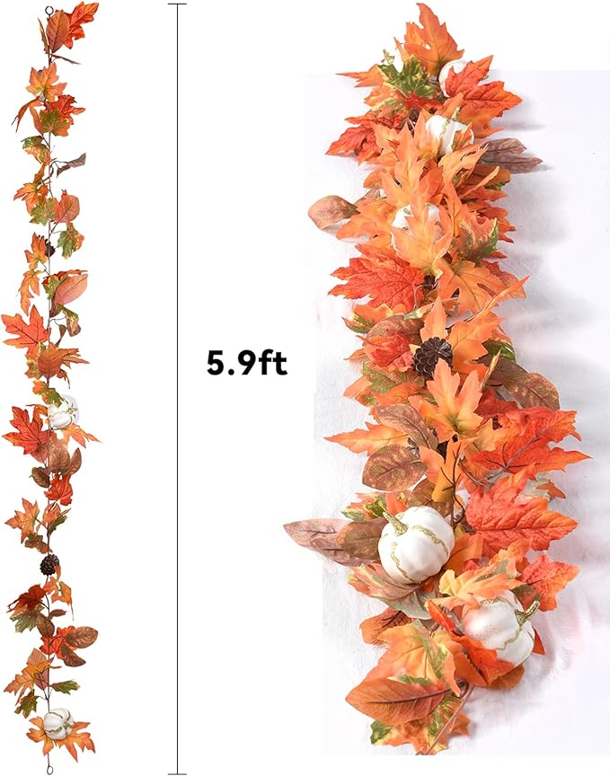 DearHouse 6ft Pumpkin Fall Maple Leaves Garland - Artificial Autumn Foliage Hanging Vine for Thanksgiving, Home, Wedding, Fireplace, Party, Christmas Decor (Orange & Brown)-Ruum Studio Home