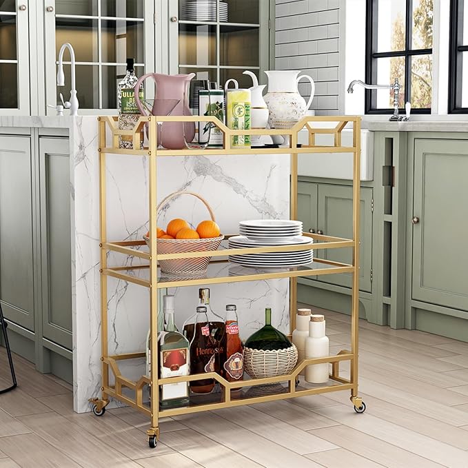 Square Gold Bar Carts with 3 Tier Storage Glass Shelves Holder Home Serving Bar Carts on Wheels for Kitchen, Bar, Dinning Room-Ruum Studio Home