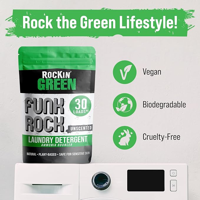 Rockin' Green Laundry Detergent, Plant based, All Natural Laundry Detergent Powder, Vegan and Biodegradable Odor Fighter, Safe for Sensitive Skin (Funk Rock Ammonia Bouncer 30 Loads - Unscented)-Ruum Studio Home
