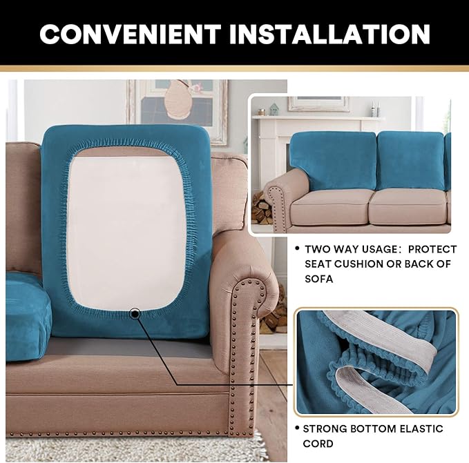 PrinceDeco Velvet Sofa Cushion Covers, Stretch Couch Cushion Covers for Individual Seat Couch Slipcover Sets Furniture Protector for Loveseat Sofa Cushion(Each Width Up to 29.5", Blue)-Ruum Studio Home