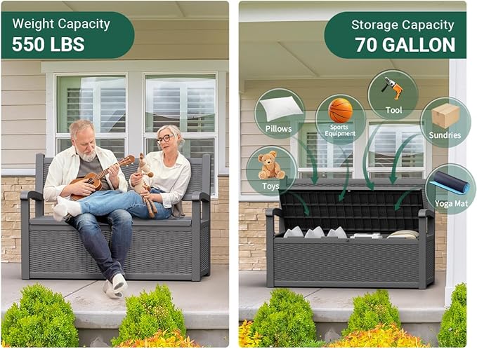 70 Gallon Outdoor Storage Bench Deck Box Lockable for Patio Furniture, Outdoor Porch Bench with Storage Waterproof for Cushions, Garden Tools and Pool Supplies, Grey-Ruum Studio Home