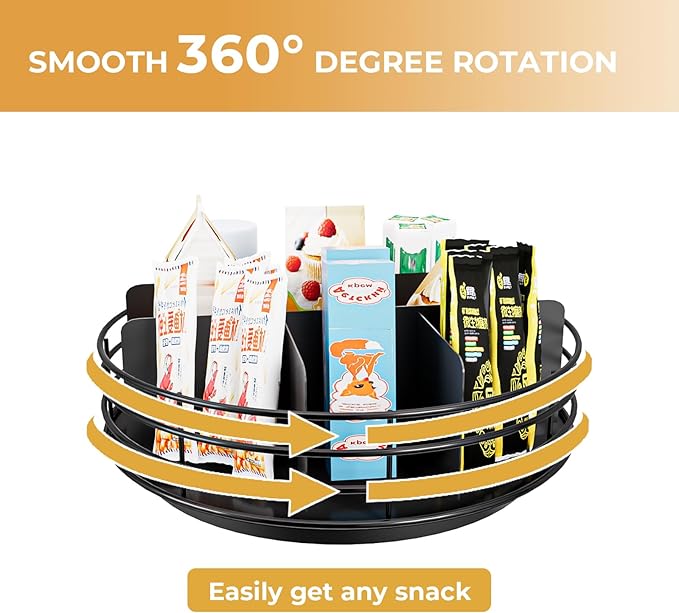 Snack Organizer - Versatile Snack Storage, Lazy Susan with Convenient Grab-and-Go Design, Metal Snack Holder for Home, Office, Breakroom, 11.85" L x 11.85" W x 4.17" H (Matte Black)-Ruum Studio Home