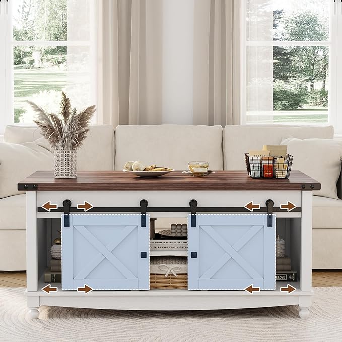 48" Farmhouse Lift Top Coffee Table with Storage Sliding Barn Door & Large Hidden Compartment, Coffee Table with Lifting Top with Wooden Lift Tabletop, Coffee Tables for Living Room, White-Ruum Studio Home