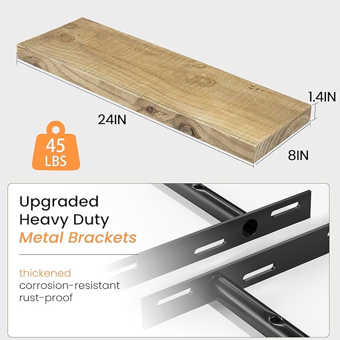 Fun Memories Floating Shelves for Wall Decor, 24"x8" Rustic Reclaimed Wood Shelves, Heavy-Duty Wall Mounted Shelves with Invisible Brackets, Set of 2for Living Room, Bedroom, Kitchen, Natural Finish-Ruum Studio Home