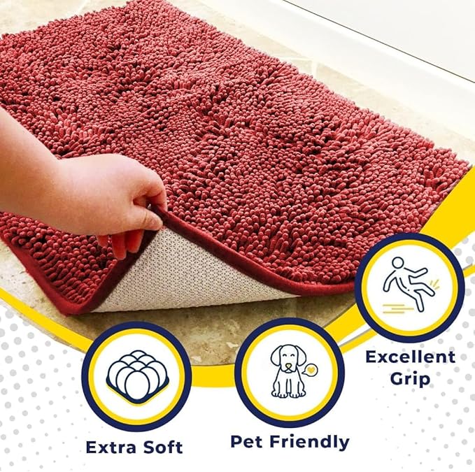 Muddy Mat® 4-Piece Red Medium 30"X19" AS-SEEN-ON-TV Highly Absorbent Microfiber Door Mat, Bath Mat and Pet Rug, Non Slip Thick Washable, Soft Chenille for Kitchen Bathroom Bedroom Indoor and Outdoor-Ruum Studio Home