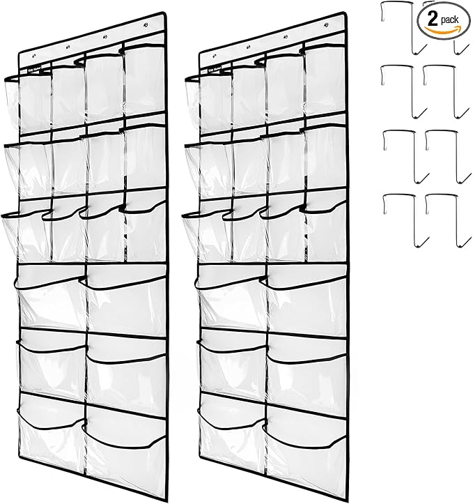 2 Pack Extra Large Hanging Crystal Clear Over Door Shoe Organizers, Closet Shoe Rack Organizer, 12+6 Pockets, 8 Hooks, White (59" x 21.6")-Ruum Studio Home