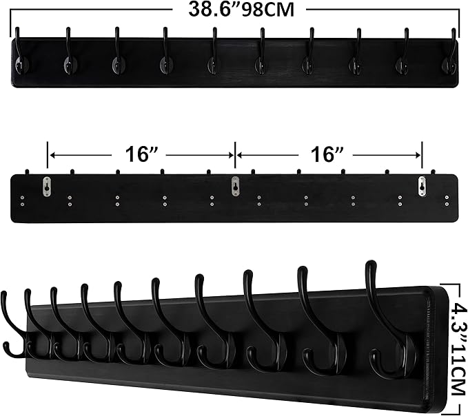 SKOLOO Large Black Wall Mounted Coat Rack - 38.6'' Long Coat Rack for Wall, Pine Solid Wood Coat Hook Hanger - 10 Hooks for Hanging Clothes Backpack Coats-Ruum Studio Home