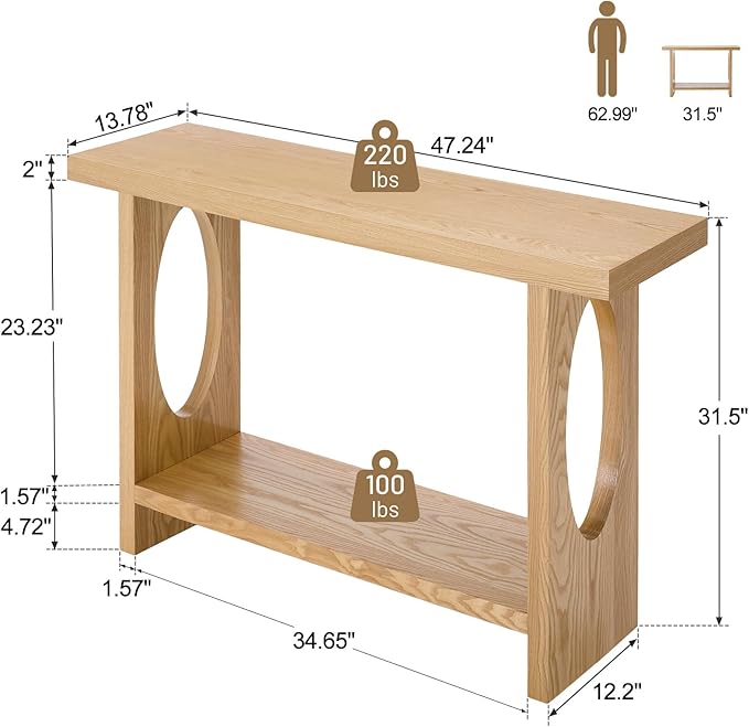 BECHAEO 47-Inch Farmhouse Narrow Console Table, 2'' Thickened Entryway Table with Solid Wood Veneer, 2-Tier Sofa Tables Behind Couch, Rectangle Hallway Tables for Living Room, Foyer Rustic Oak-Ruum Studio Home