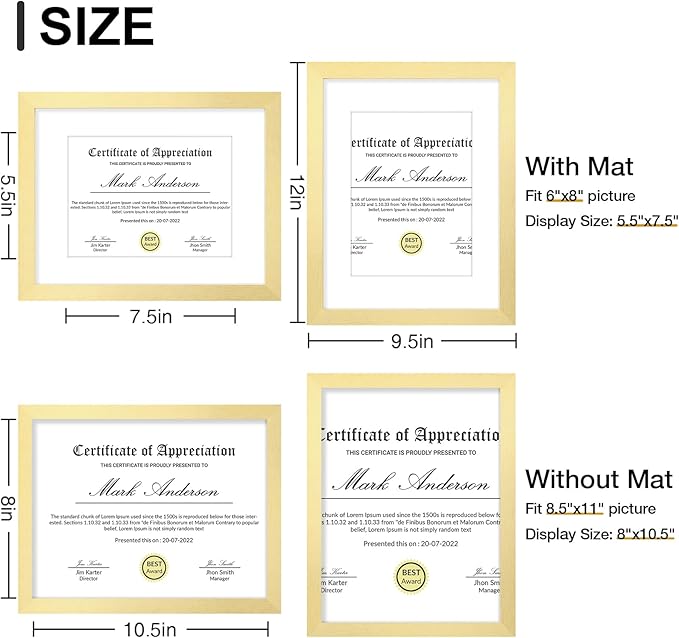 Vittanly 8.5x11 Picture Frames Set of 9, Shatter Resistant Plexiglass, Display 6x8 Pictures with Mat or 8.5x11 without Mat, Photo Frames for Wall or Tabletop, Engineered Wood, Gold-Ruum Studio Home