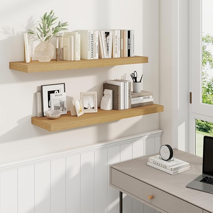 36 Inch Floating Shelves, 9.3 Inch Deep Rustic Wall Shelves - Extra Deeper Wall Mounted Storage Shelves for Bathroom, Kitchen, Living Room (Oak, Set of 2)-Ruum Studio Home