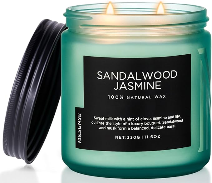 M&SENSE Sandalwood Jasmine Scented Candle, 11.6oz 70 Hours Burn Time Clean Non Toxic Natural Soy Wax Candle 2 Cotton Wick Home Decor for Mothers Day & Bathroom Bedroom-Ruum Studio Home