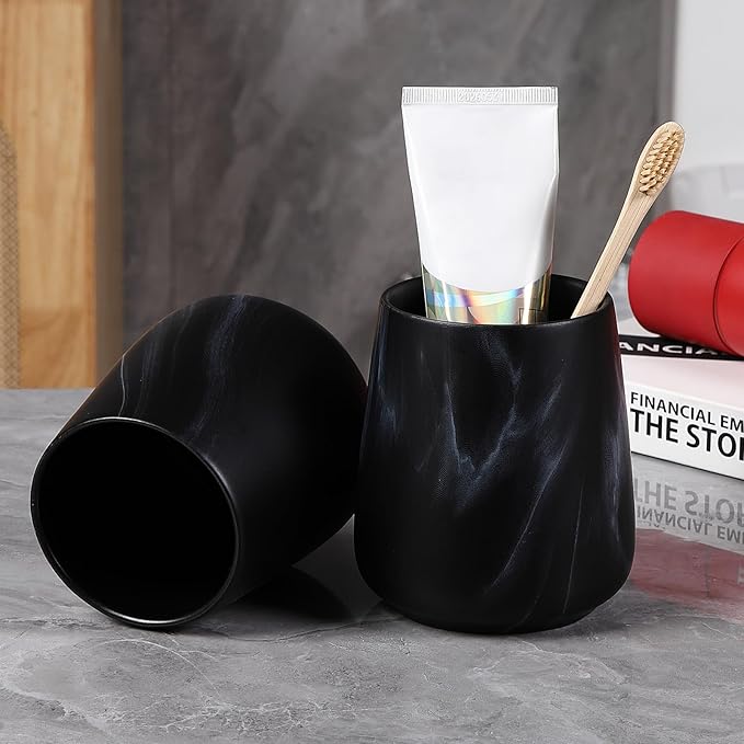 Marble Black Toothbrush Holder for Bathroom - Ceramic Tooth Brushing Holders, Toothbrush Cup, Toothpaste Organizer for Bathroom Countertop, Makeup Brush Holder, Pen Holder for Home Desktop Storage-Ruum Studio Home