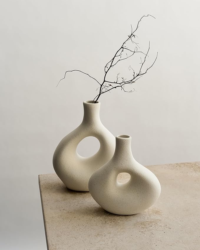 NOBULA White Ceramic Donut Vases – Modern Home Decor for Living Room, Bedroom & Table Centerpiece - Minimalist Nordic – Unique Vases for Olive Plant & Flowers – Decorative Coffee Table Vase Set of 2-Ruum Studio Home