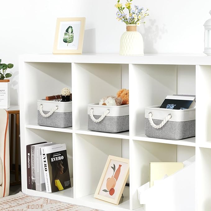 Bidtakay Small Baskets Fabric Storage Baskets for Organizing 3-Pack 12x8x5 Inch Collapsible Storage Bins for Shelves Canvas Bins for Closet Organization Home Baskets Storage Linen Closet S-White&Grey-Ruum Studio Home