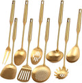 Gold Kitchen Utensils Set - 18/10 Stainless Steel Cooking Tools, 15" All Metal Serving Utensils with Fork, Solid/Slotted Spoon, Spatula, Ladle, Skimmer, Tunner, Pasta Spoon, Large Spoon, Set of 9-Ruum Studio Home