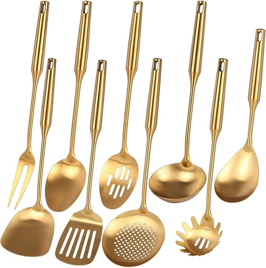 Gold Kitchen Utensils Set - 18/10 Stainless Steel Cooking Tools, 15" All Metal Serving Utensils with Fork, Solid/Slotted Spoon, Spatula, Ladle, Skimmer, Tunner, Pasta Spoon, Large Spoon, Set of 9-Ruum Studio Home