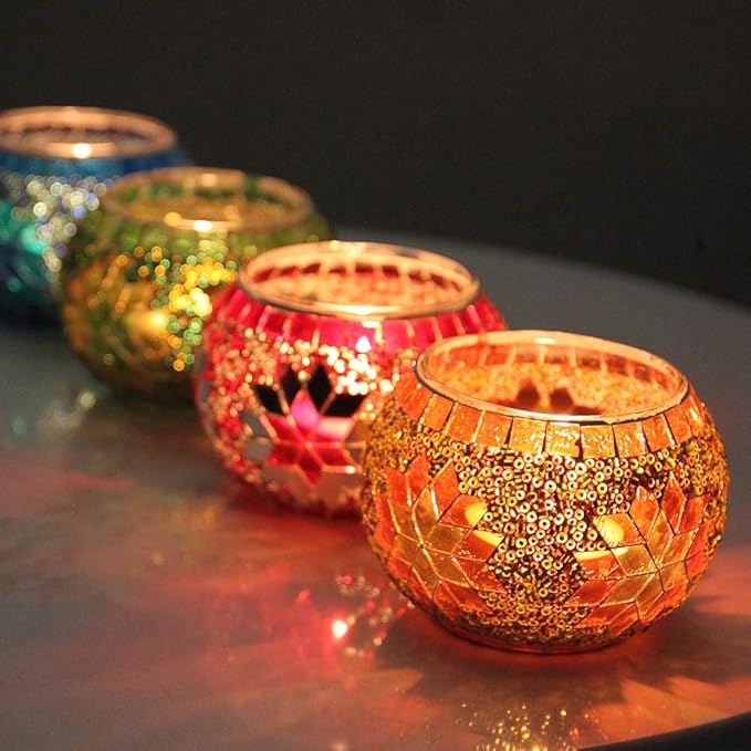 SHMILMH Votive Candle Holder Set of 4, Diwali Decoration for Home, Handmade Mosaic Glass Tealight Candle Holders for Table Centerpiece Decor,Diwali Thanksgiving-Ruum Studio Home