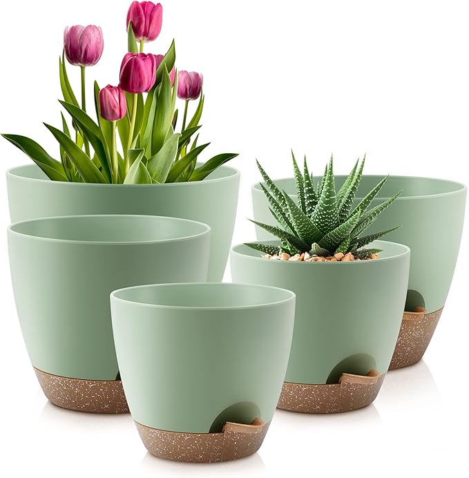 Plant Pots 10/9/8/7.5/7 Inch Self Watering Pots, Set of 5 Plastic Planters with Drainage Holes and Saucers,Plastic Flower Pots,Nursery Planting Pot for Indoor Out Door Plants（Green）-Ruum Studio Home