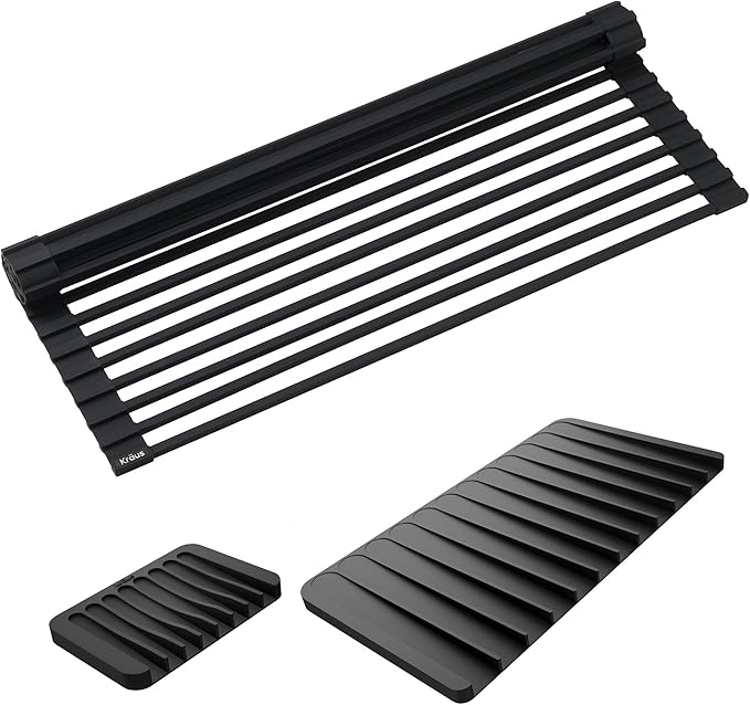 Kraus Roll Up Dish Drying Rack with Self-Draining Silicone Dish Drying Mat and Silicone Soap Dish Holder in Black, KDM-KRM-10BL-Ruum Studio Home