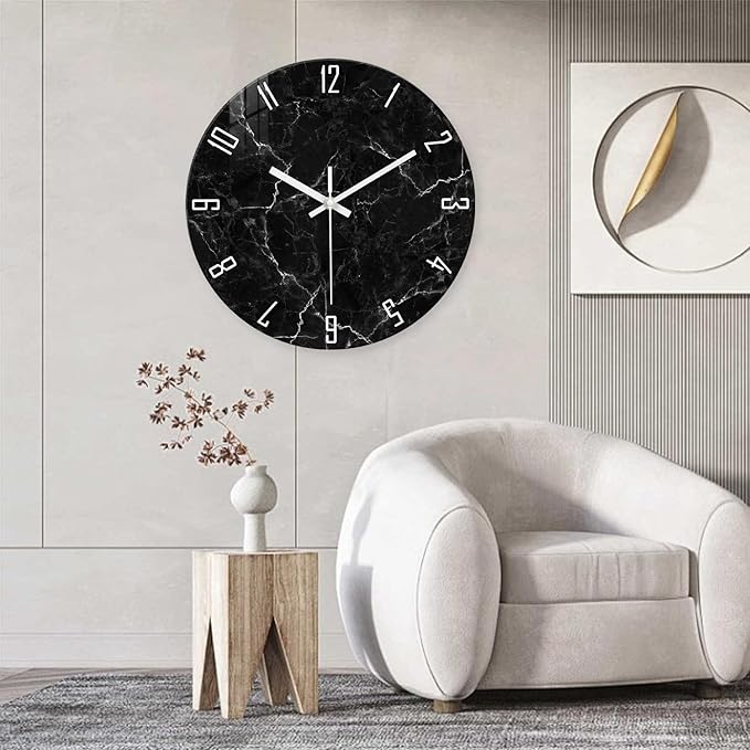 Oversized Decorative Clocks Battery Operated 24 Inch Marble Black Wall Clock for Office Round Non Ticking Wall Clock Silent-Ruum Studio Home