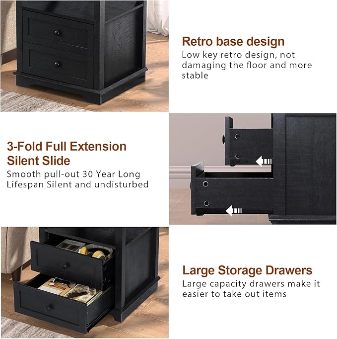 HIFYOBRO Large End Table Set of 2, 2 Drawers and Charging Station, Type-C & USB Port & Power outlets, Wooden End Table, Side Table with Storage for Living Room and Bedroom (Espresso)-Ruum Studio Home