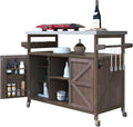 Farmhouse Solid Wood Grill Table with Stainless Steel Top, Outdoor Rolling Bar Cart & Storage Cabinet with Spice & Towel Rack, Outdoor Kitchen Island with Internal Storage Rack, Dark Brown-Ruum Studio Home