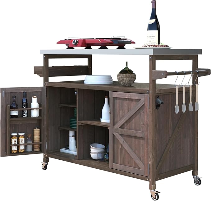 Farmhouse Solid Wood Grill Table with Stainless Steel Top, Outdoor Rolling Bar Cart & Storage Cabinet with Spice & Towel Rack, Outdoor Kitchen Island with Internal Storage Rack, Dark Brown-Ruum Studio Home