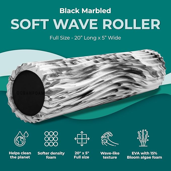 Oceanfoam Soft Tidal Roller (Black Marbled) - Low Density Foam Roller for Physical Therapy, Back Pain, Excercise & Stretching - Wave Textured - Yoga, Athletics, & Wellness - Full Size, 20" x 5"-Ruum Studio Home